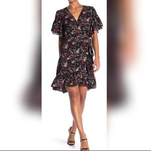 Romantic floral black ruffle wrap dress